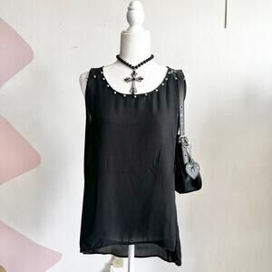 Black Sheer Studded Tank Top, Y2K, Grunge, Glam‎ Rock, Gothic, Edgy, Large